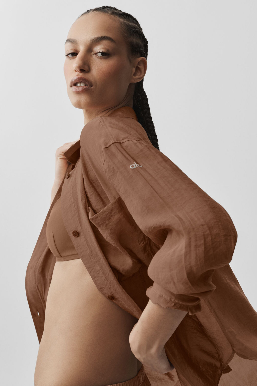 Semi-Sheer Golden Hour Button Down Long Sleeve - Sun Kissed Brown