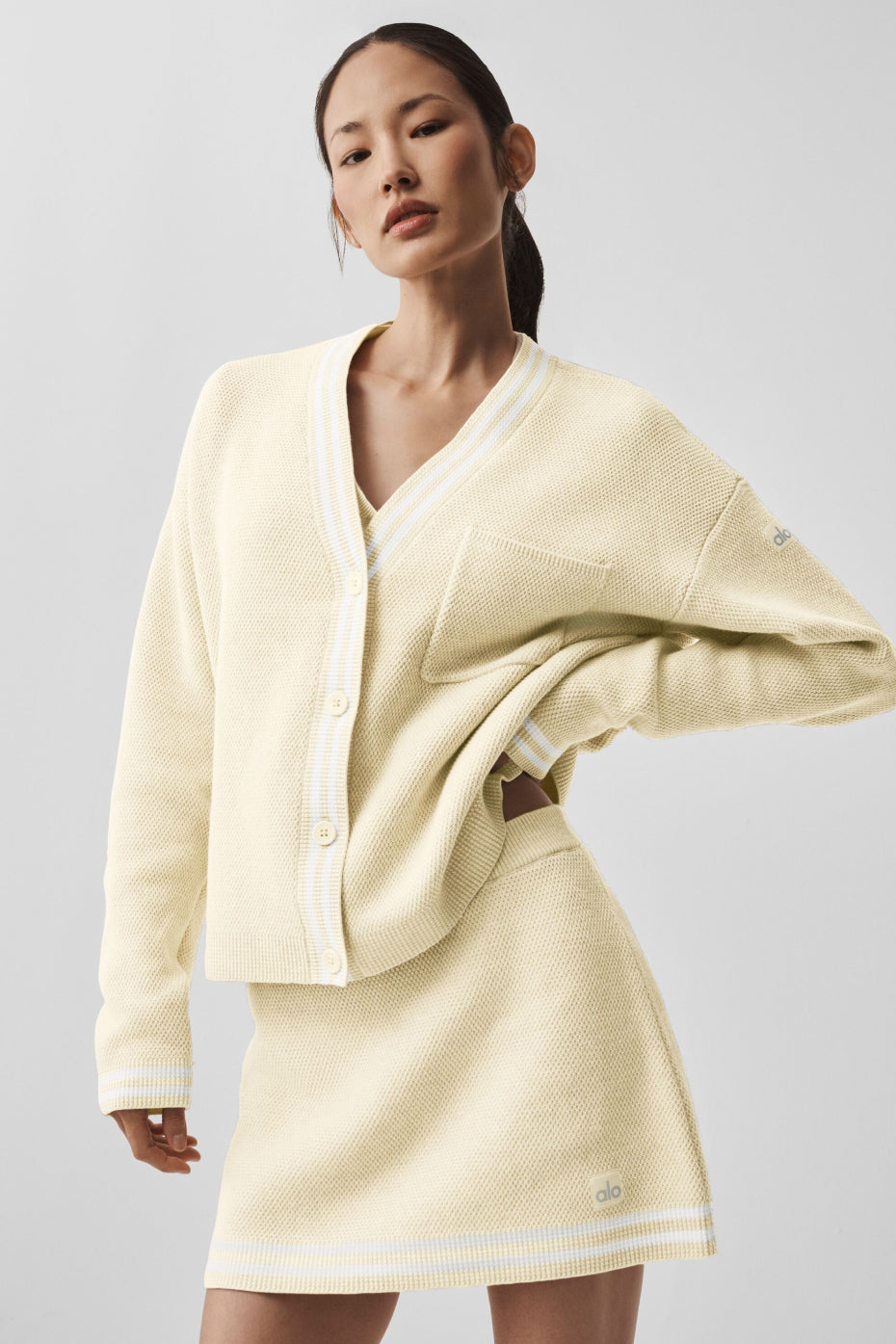 Tennis Club Sweater Knit Cardigan - Oatmeal/White